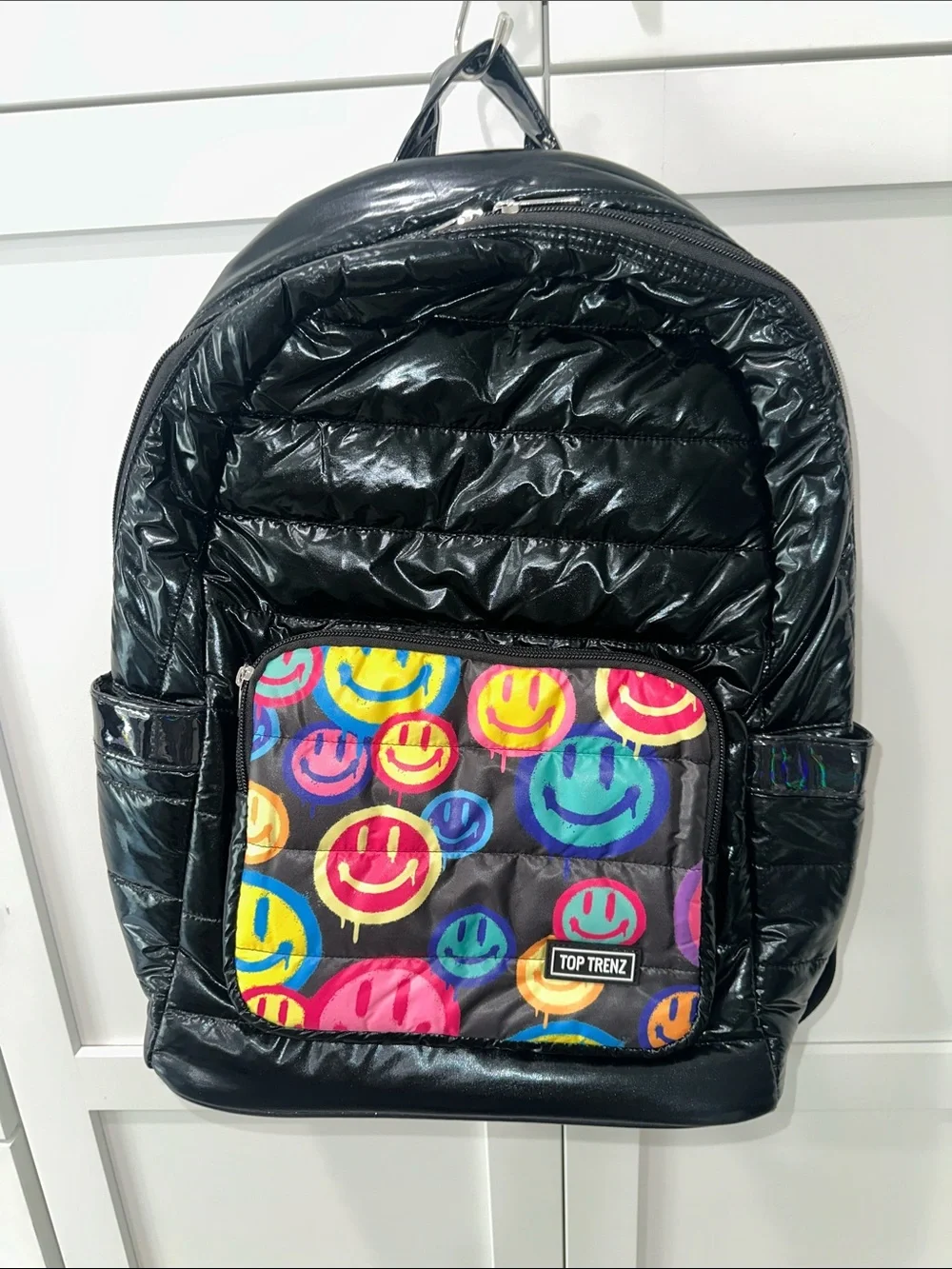New Kids Black puffer  Backpack with Colorful Smile Print Front Pocket